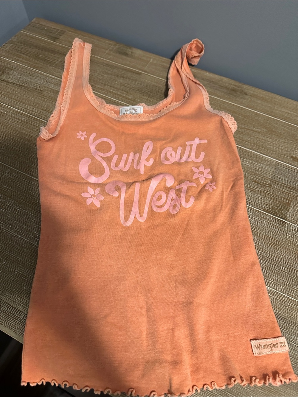 Wrangler Peach Tank Top with Pink 'Surf Out West' Graphic